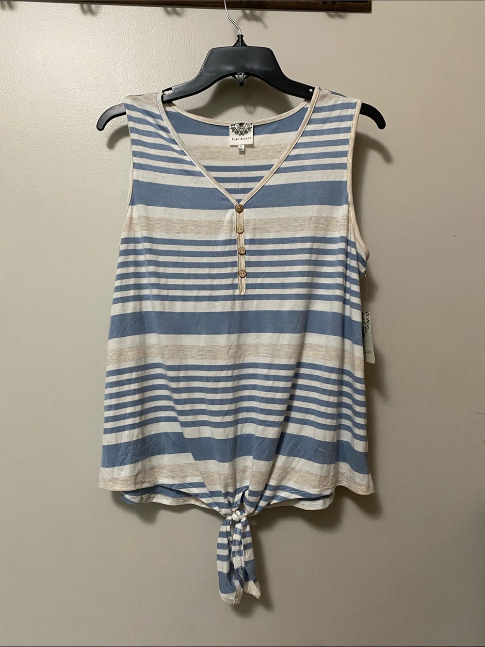 Striped Tie-Front V-Neck Tank Top in Blue and Cream